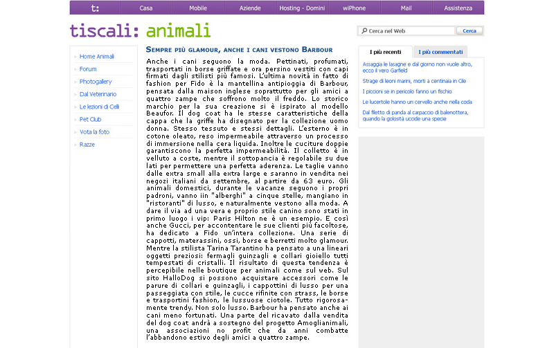 Tiscali Animali (Giugno 2007) - Press On-Line
